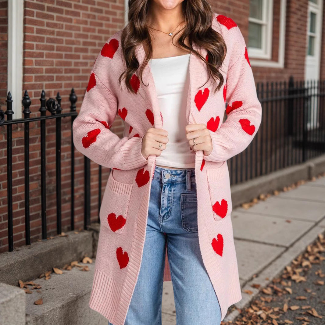 Damen Strickjacke mit Herzmuster und praktischen Taschen R&B