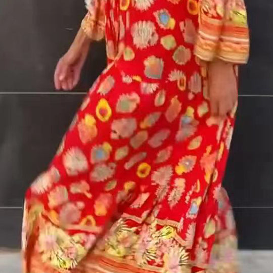 Damen Tunika-Kleid mit fließenden Ärmeln und bunten Mustern Heidi-Mode