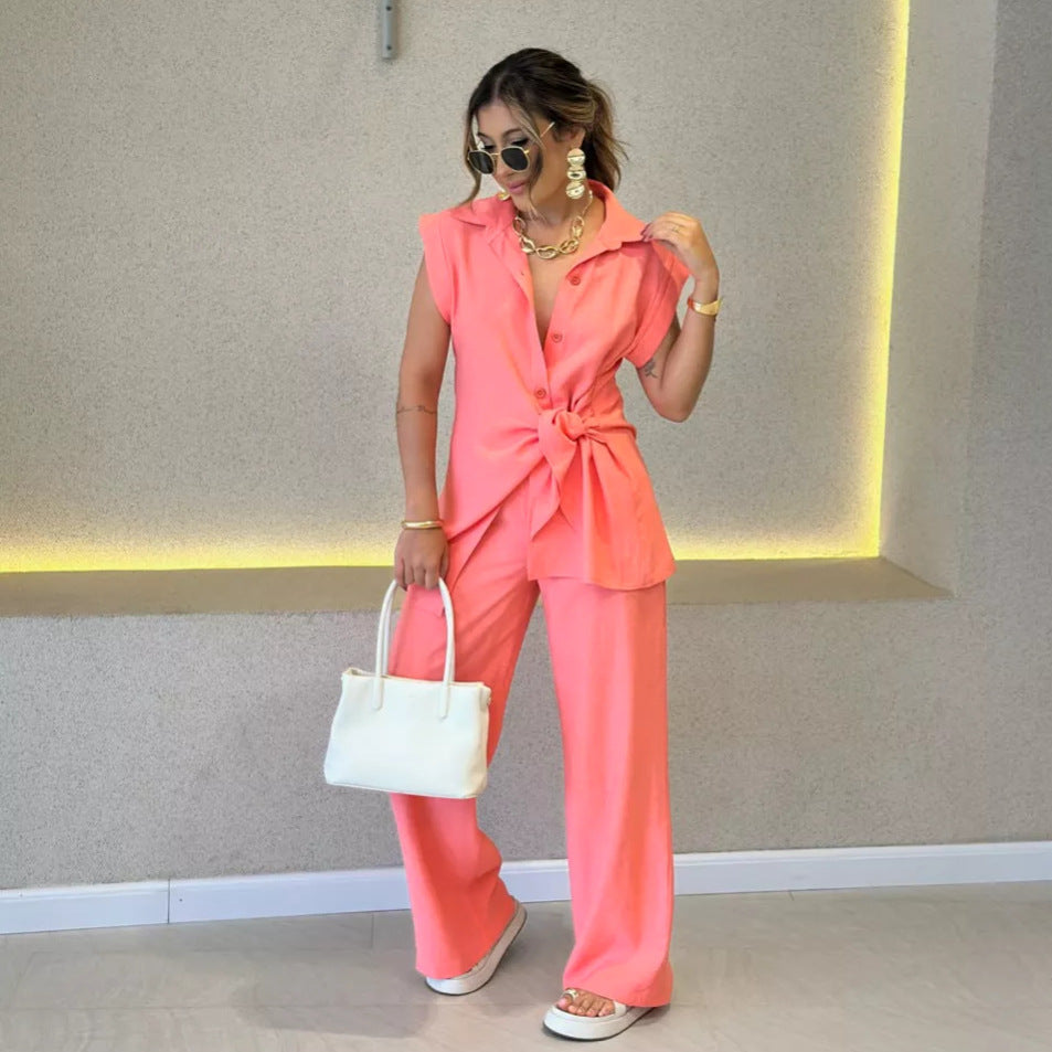 Damen lässiges Oversized-Hemd mit Bindegürtel und weiten Hosen R&B