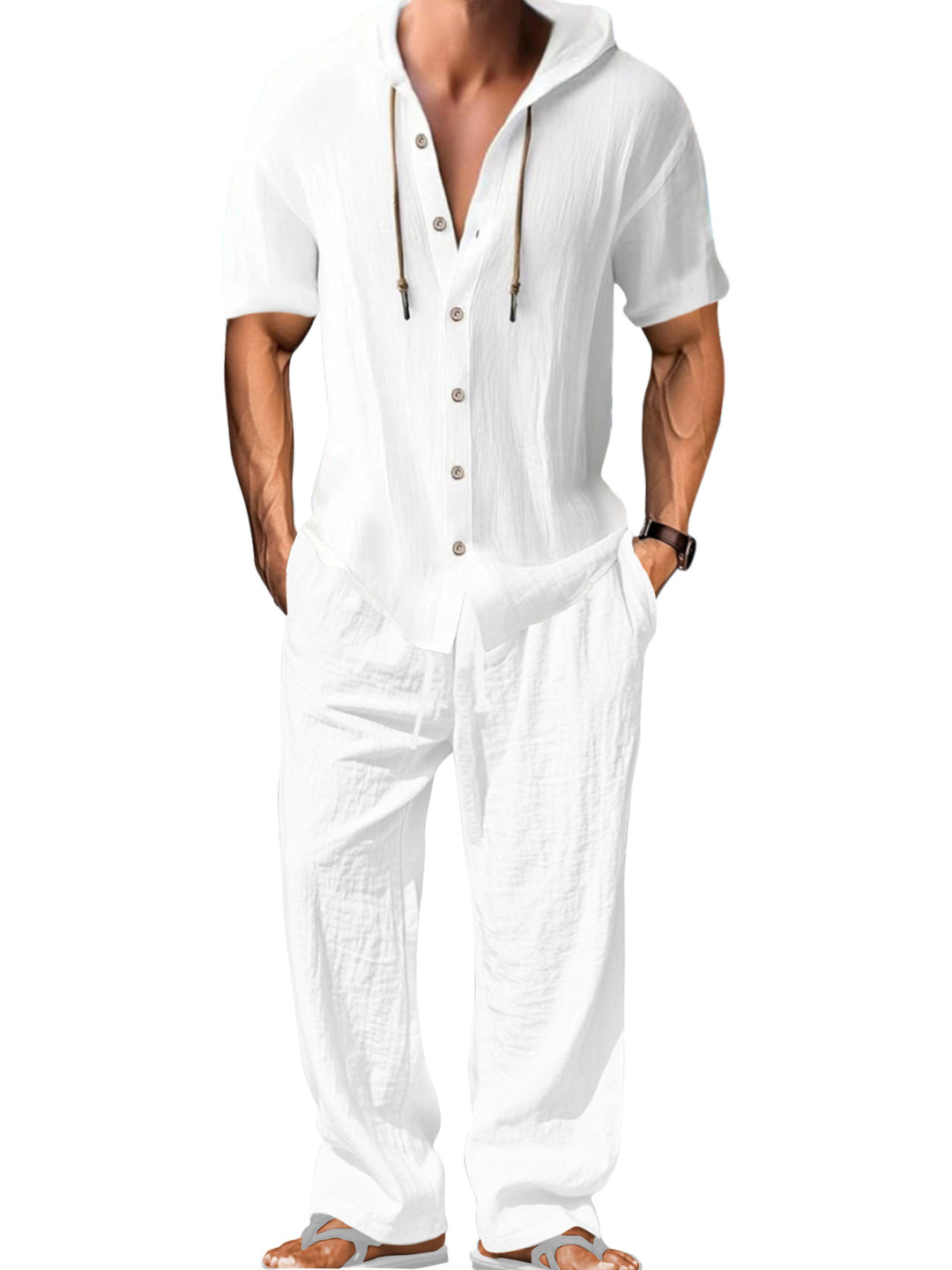 Herren nan luftiges Leinen-Lounge-Set mit kurzärmeligem Kapuzenhemd und gerader Relaxhose R&B