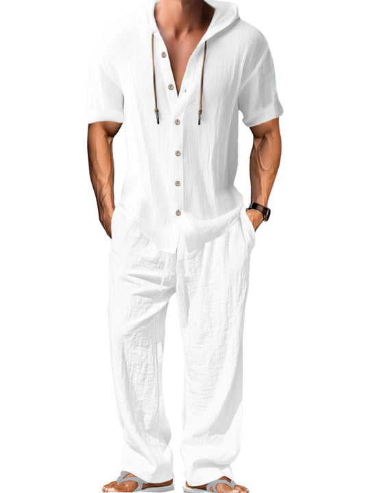 Herren nan luftiges Leinen-Lounge-Set mit kurzärmeligem Kapuzenhemd und gerader Relaxhose R&B