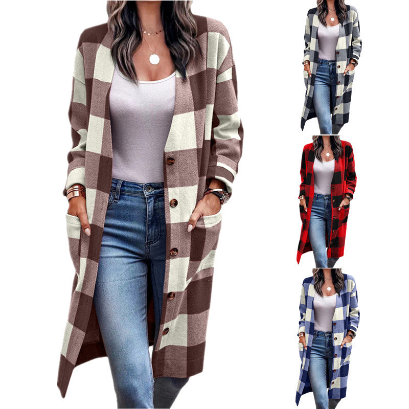 Damen Langarmcardigan mit modernem Karomuster und praktischen Taschen R&B