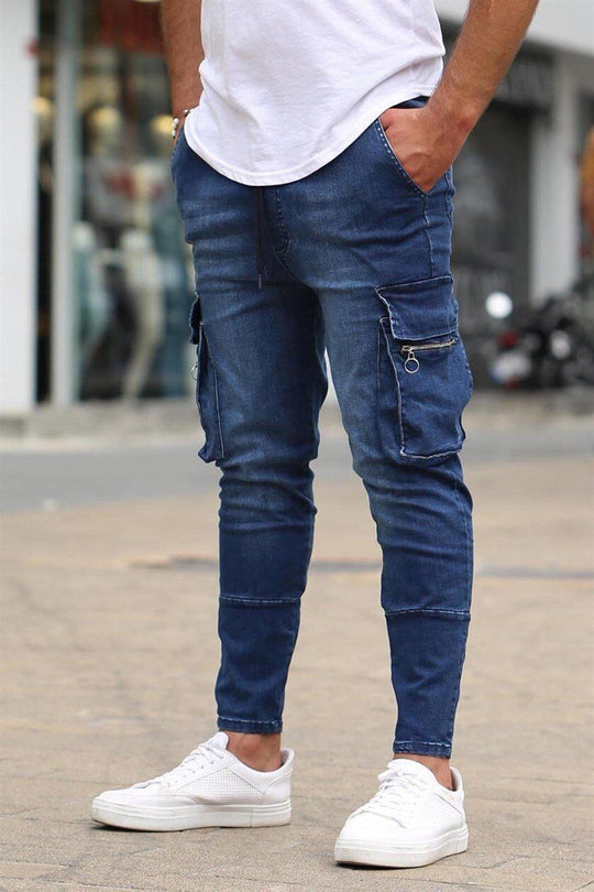 Herren Cargo-Jeans im modernen Slim-Fit Stil mit praktischen Seitentaschen und dekorativen Reißverschlüssen R&B
