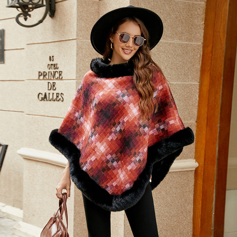 Damen modischer Poncho mit luxuriösem Kunstpelzkragen