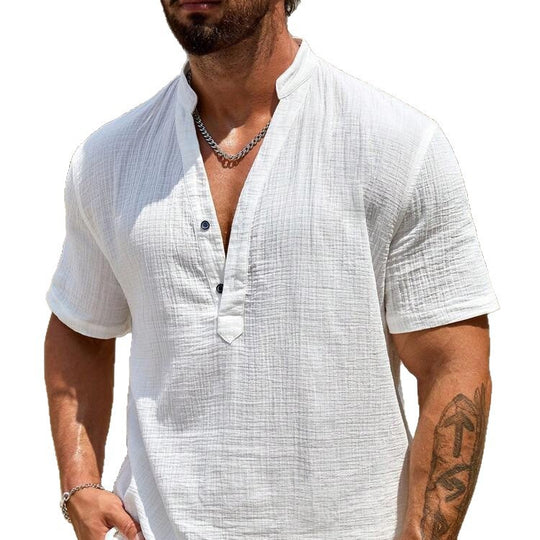 Herren Kurzarm Henley Hemd mit modernem Stehkragen aus leichtem Baumwollmaterial R&B