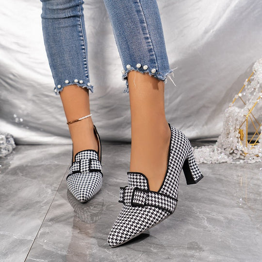 Damen elegante Pumps mit ausgefallenem Karomuster und modischem Schleifendesign R&B