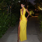 Damen Elegantes Maxikleid mit tiefem V-Ausschnitt und asymmetrischem Schlitz