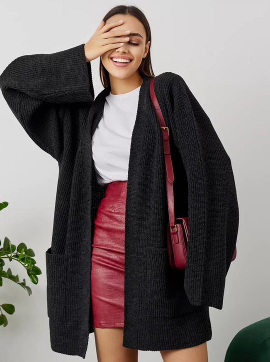 Damen kuscheliger langer Strickcardigan mit weiten Ärmeln und praktischen Taschen R&B