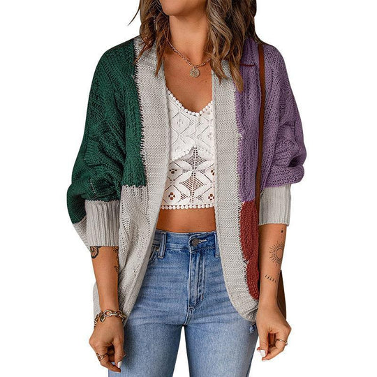 Damen lässige Strickjacke mit buntem Patchwork-Design und weitem Schnitt R&B