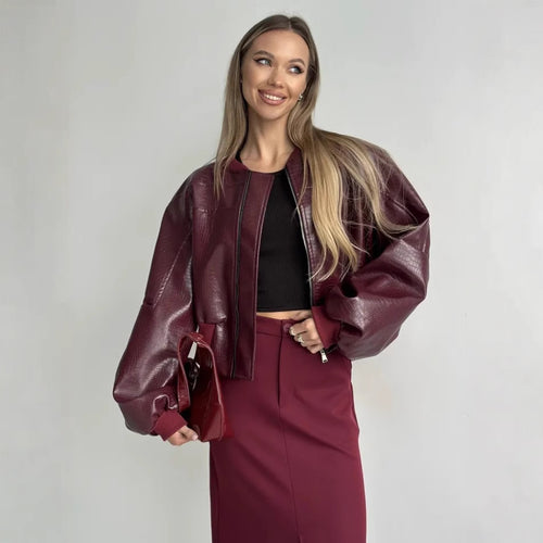 Damen trendige cropped Kunstlederjacke mit voluminösen Ärmeln R&B