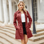 Damen nan langer Kunstleder-Trenchcoat mit Taillengürtel und Schulterriegeln R&B