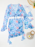 Damen Badeset mit floralem Design, kurzem Oberteil und Wickelrock R&B