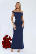 Damen figurbetontes Maxikleid mit schulterfreiem Design und Raffungselementen R&B