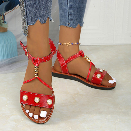 Damen Sandalen mit modischen Perlenapplikationen und verstellbarem Riemendesign R&B