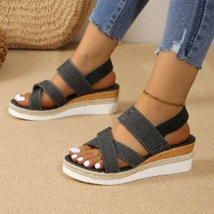 Damen Wedge-Sandalen mit elastischen Riemen und komfortablem Fußbett R&B