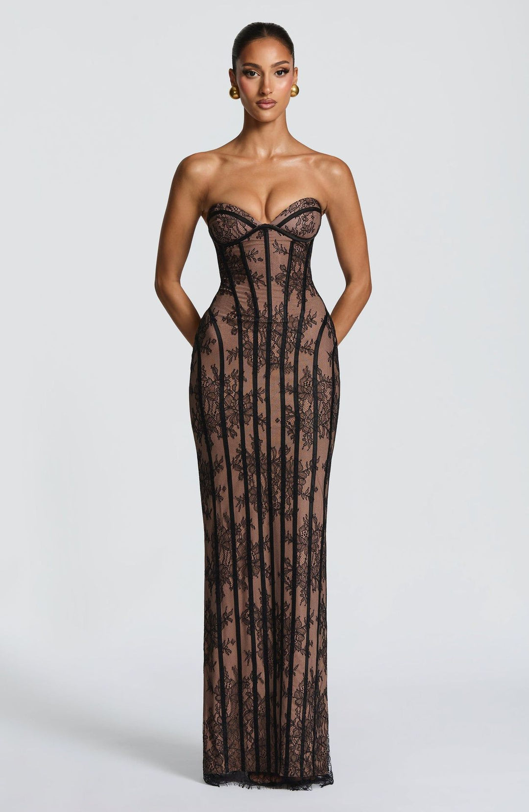 Damen figurbetontes Spitzenkleid mit Bustier-Oberteil und eleganten Details R&B