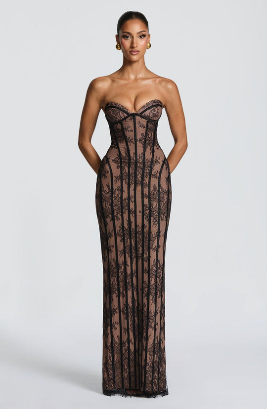 Damen figurbetontes Spitzenkleid mit Bustier-Oberteil und eleganten Details R&B