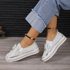 Damen modische Slip-On Sneakers mit glitzerndem Design und auffälliger Schleifenapplikation R&B