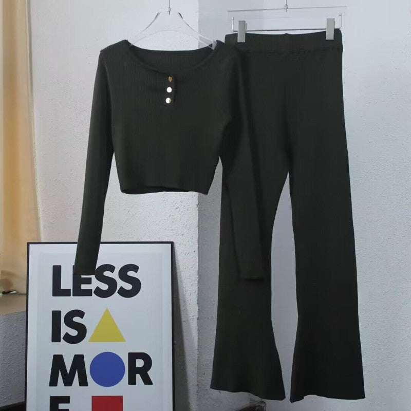Damen lässiges Strick-Loungewear-Set mit Knopfdetails und weitem Bein R&B