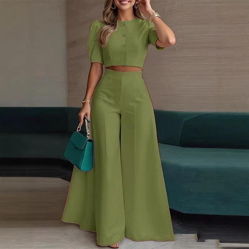 Damen elegantes kurzes Oberteil mit Puffärmeln und hochgeschnittenen Palazzo-Hosen R&B