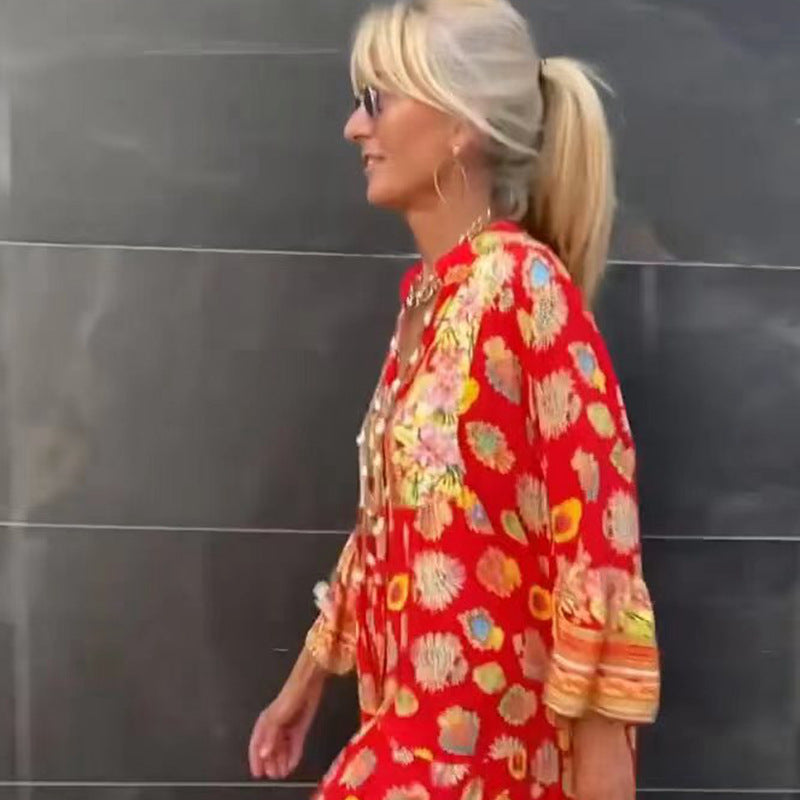 Damen nan luftiges Kaftan‑Midikleid mit folkloreinspiriertem Bordürenprint, V‑Ausschnitt, Quastenbändern und Volantglockenärmeln R&B