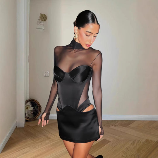 Damen Figurbetontes Kleid mit transparenten Einsätzen und rautenförmigen Cut-Outs R&B