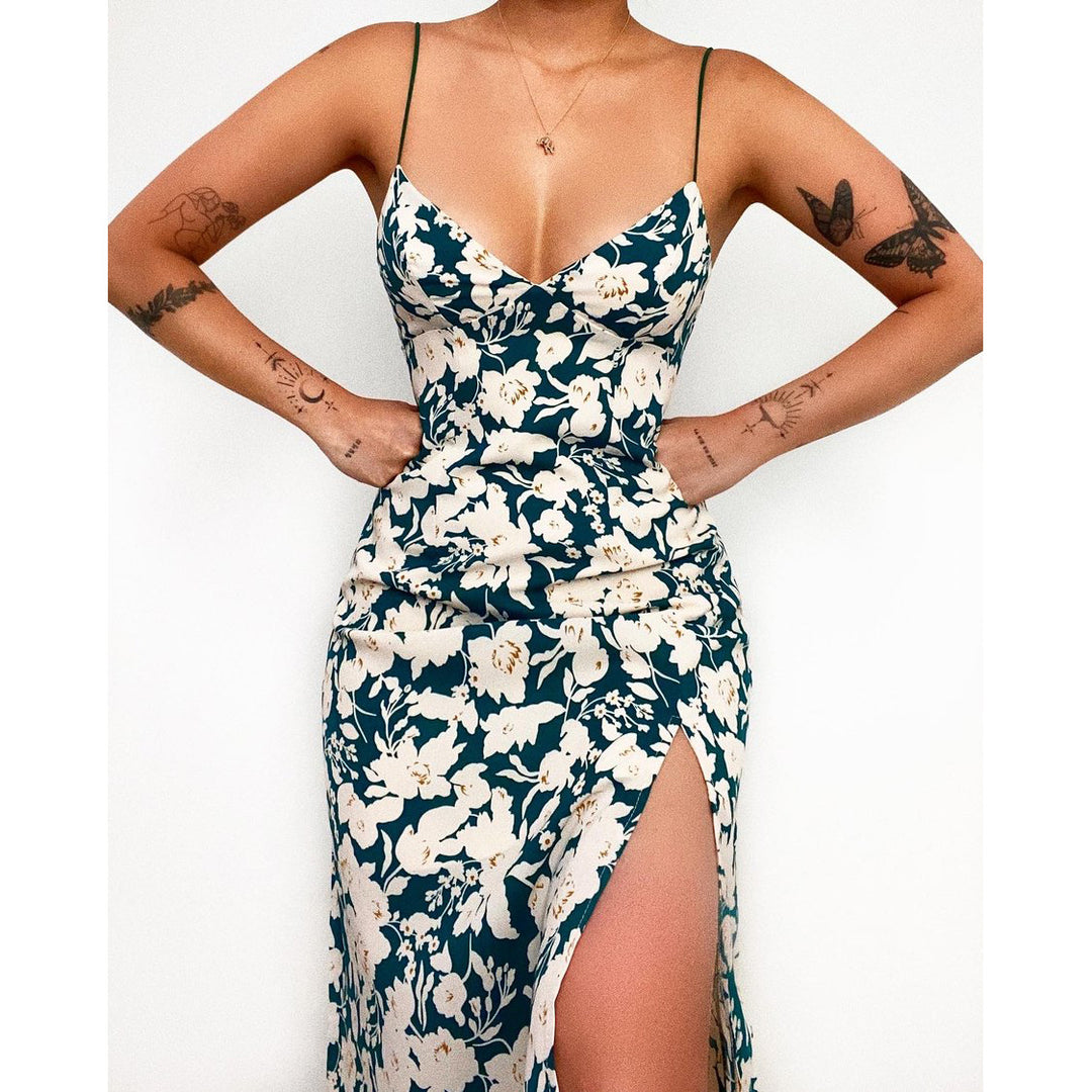 Damen Spaghettiträger Maxikleid mit floralem Design und hohem Schlitz R&B