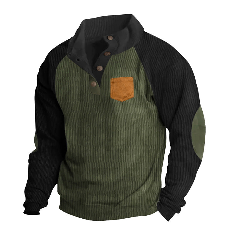 Herren nan strukturierter Halbknopf-Strickpullover im Cord-Look mit Raglanärmeln, aufgesetzter Brusttasche und Ellenbogenpatches R&B