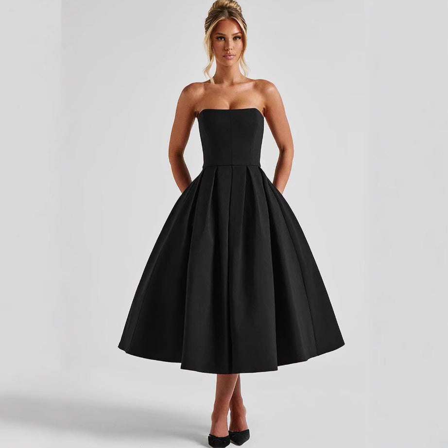 Damen Elegantes Midi-Kleid mit schwingendem Rock und raffiniertem Bandeau-Ausschnitt R&B
