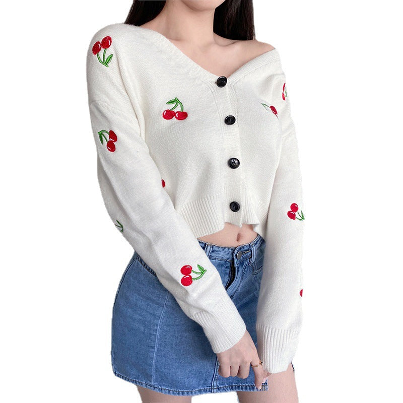 Damen Strickjacke mit verspieltem Kirschmotiv und knöpfbarem Design R&B