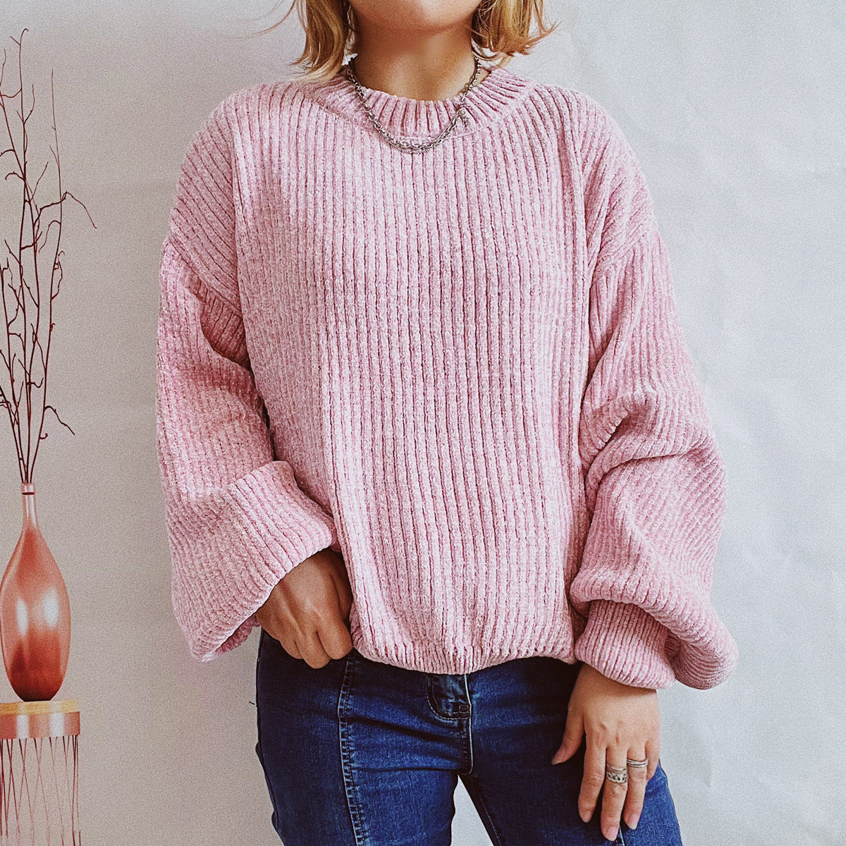 Damen Grobstrickpullover mit romantischem Rippenmuster und weiten Ärmeln R&B