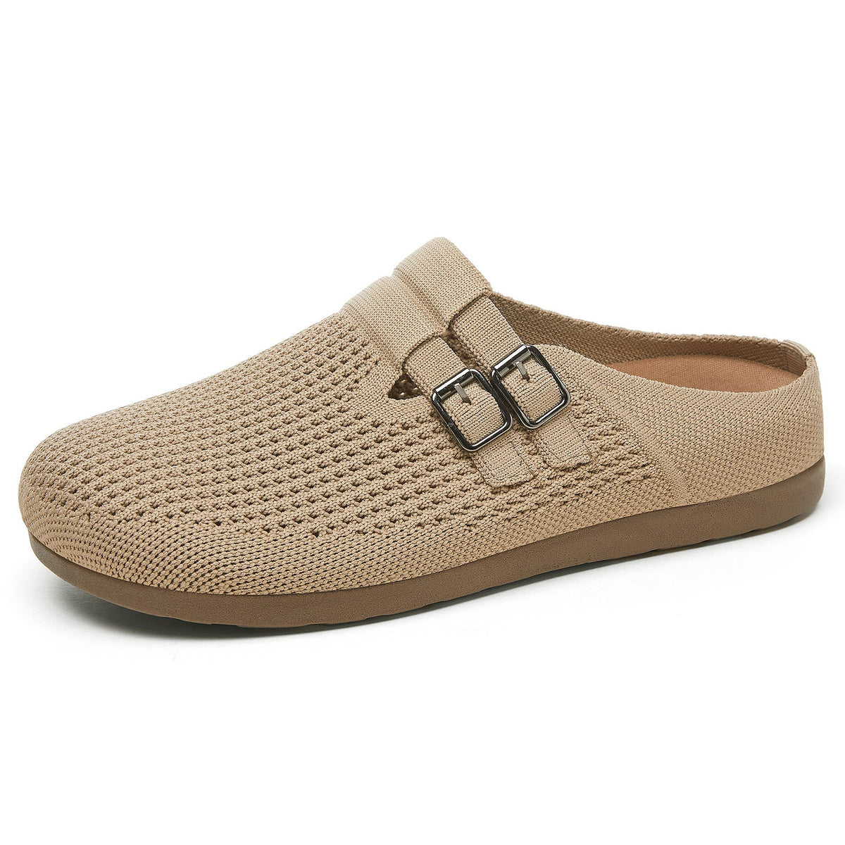 Damen nan gestrickter Clog-Mule mit doppelter Metallschnalle, atmungsaktivem 3D-Strickoberteil und ergonomischem Memory-Fußbett R&B