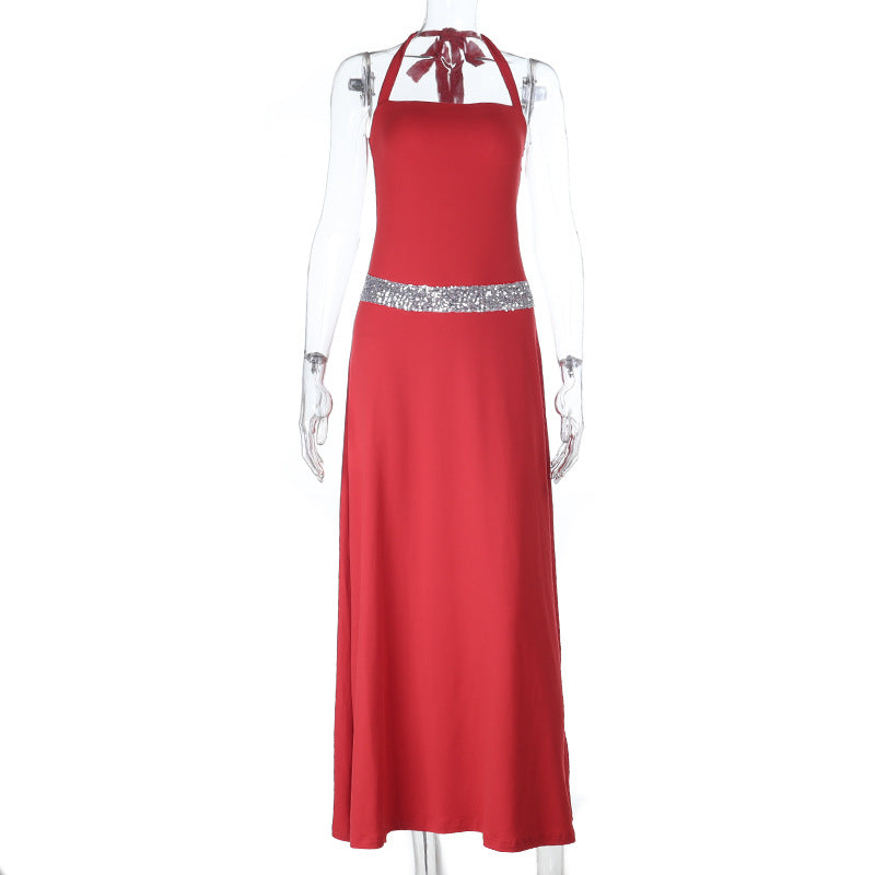 Damen elegantes Maxikleid mit schimmerndem Halterdesign und glitzerndem Taillengürtel R&B