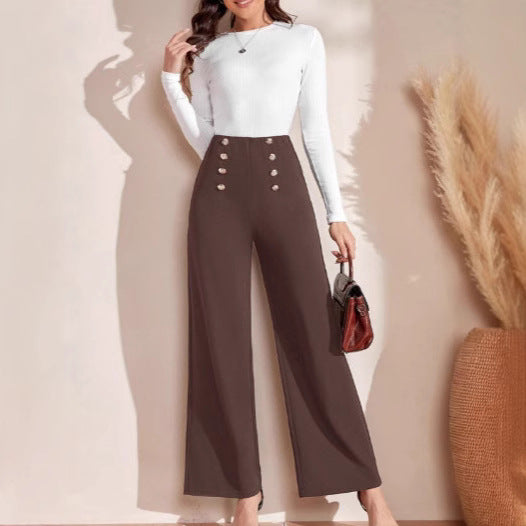 Damen Hochwaisted Weite Hose mit dekorativen Knöpfen R&B