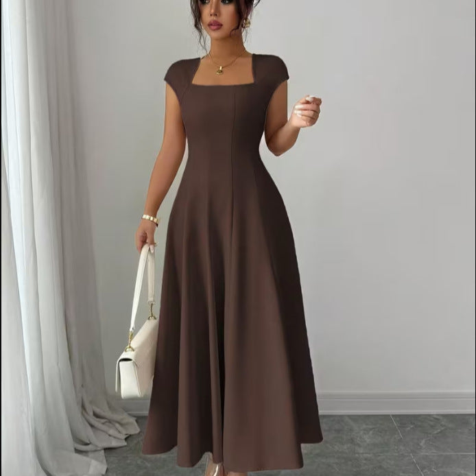 Damen Elegantes Maxikleid mit rechteckigem Ausschnitt und fließendem Rock R&B