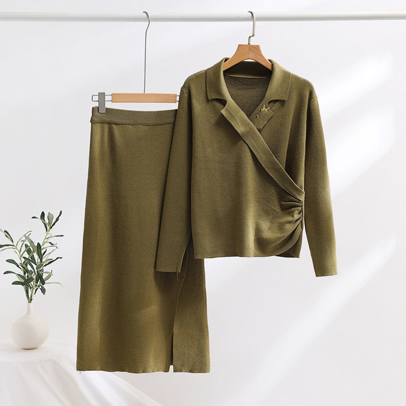 Damen elegantes Strickensemble mit Wickeloberteil und raffinierter hoher Taillierung R&B