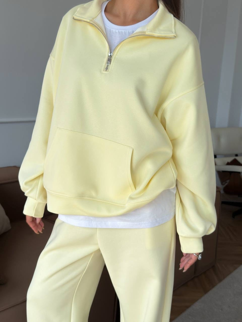 Damen lässiges Fleece-Set mit hochgeschlossenem Reißverschluss und weiten Beinen R&B