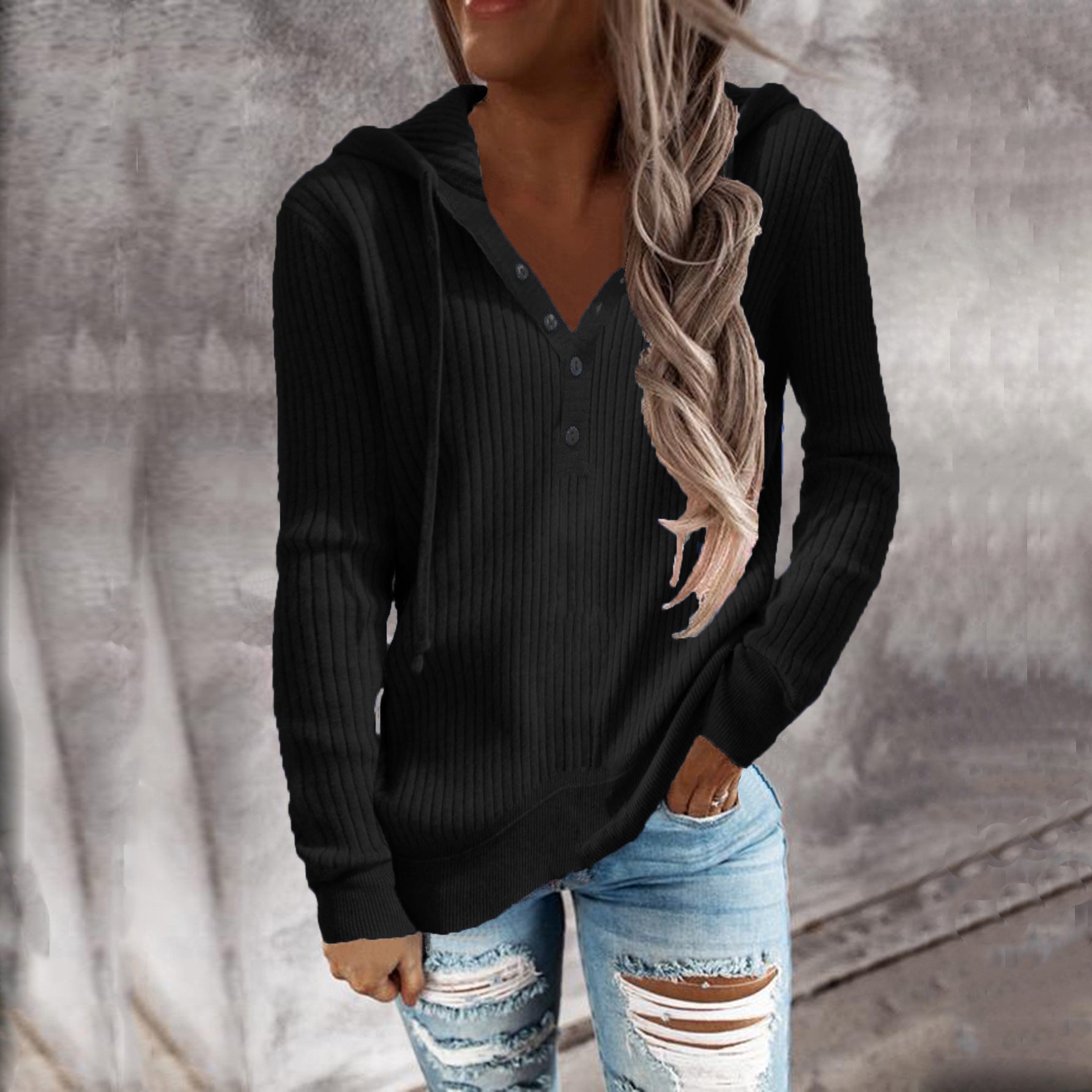 Damen Kapuzenpullover im modischen Rippdesign mit Knopfleiste R&B