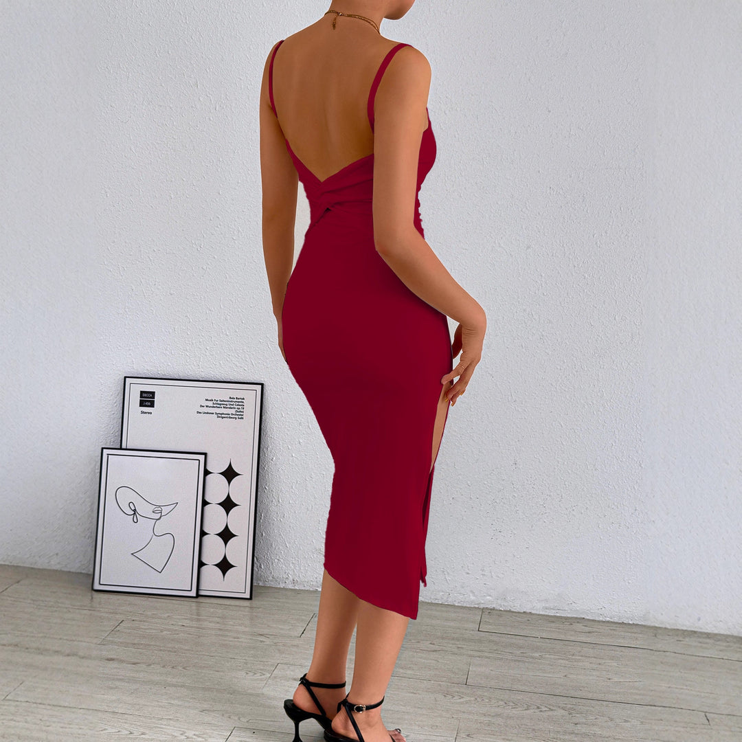 Damen figurbetontes Midi-Kleid mit schulterfreien Trägern und tiefem Schlitz R&B