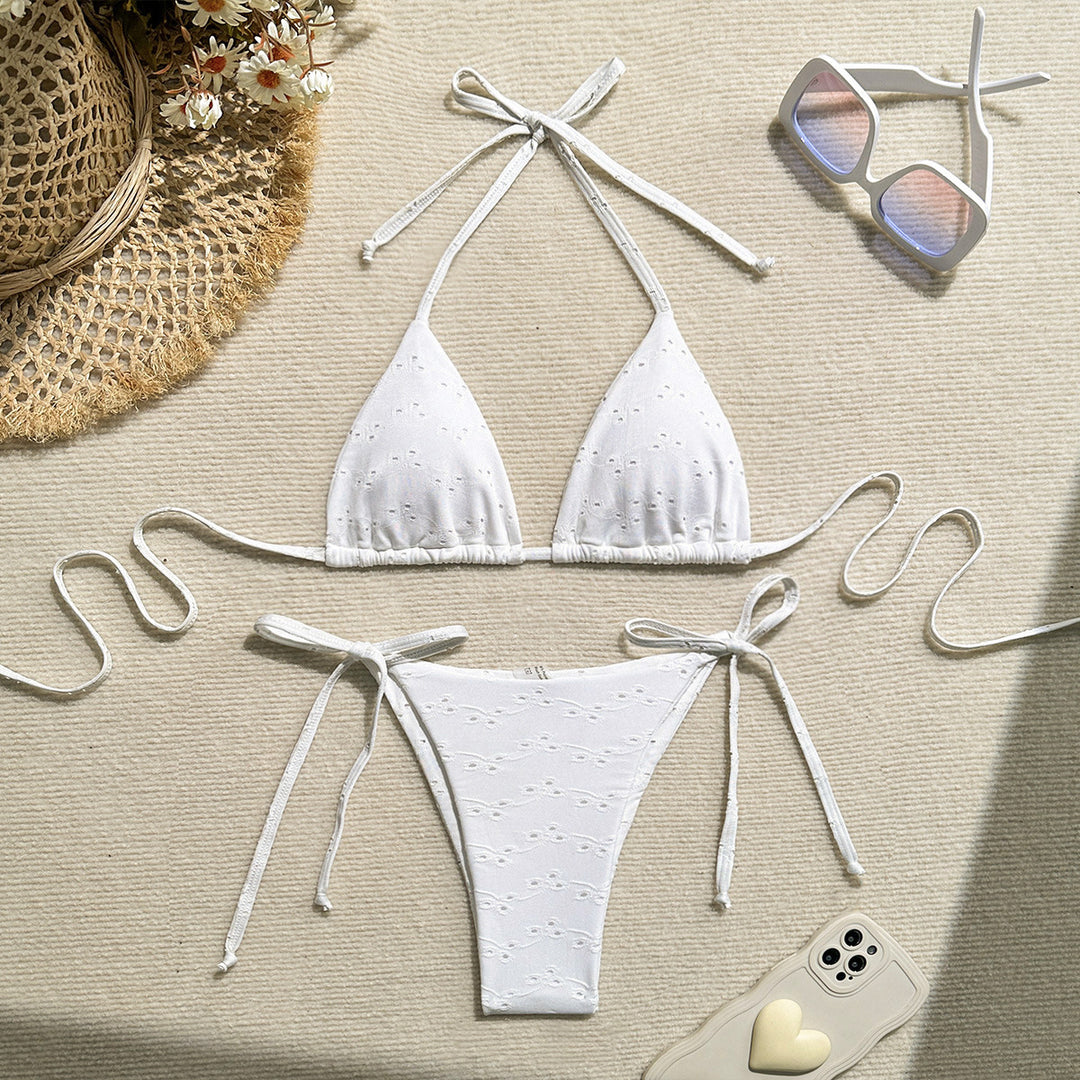 Damen Triangel-Bikini mit elastischen Bindebändern und Ripp-Optik R&B