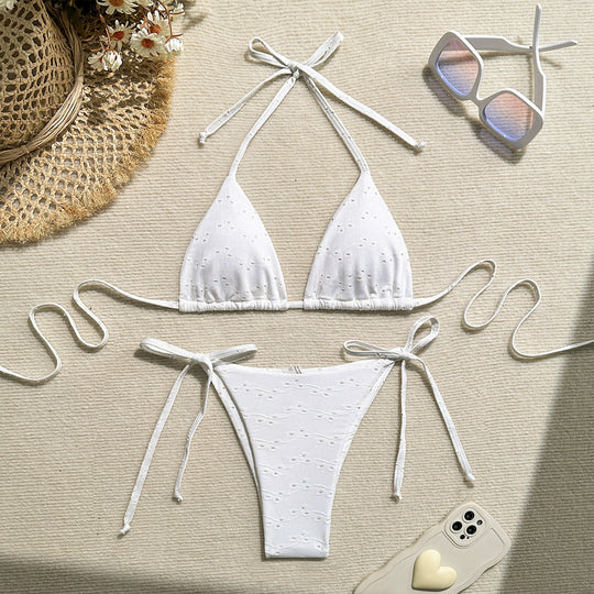 Damen Triangel-Bikini mit elastischen Bindebändern und Ripp-Optik R&B