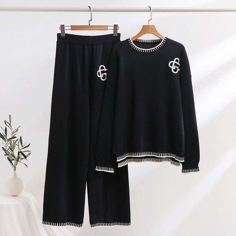 Damen lässiges Strick-Loungewear-Set mit dekorativen Kontrastdetails R&B