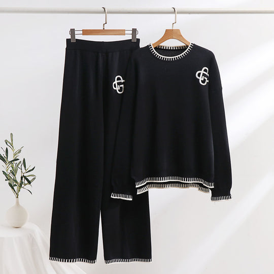 Damen lässiges Strick-Loungewear-Set mit dekorativen Kontrastdetails R&B