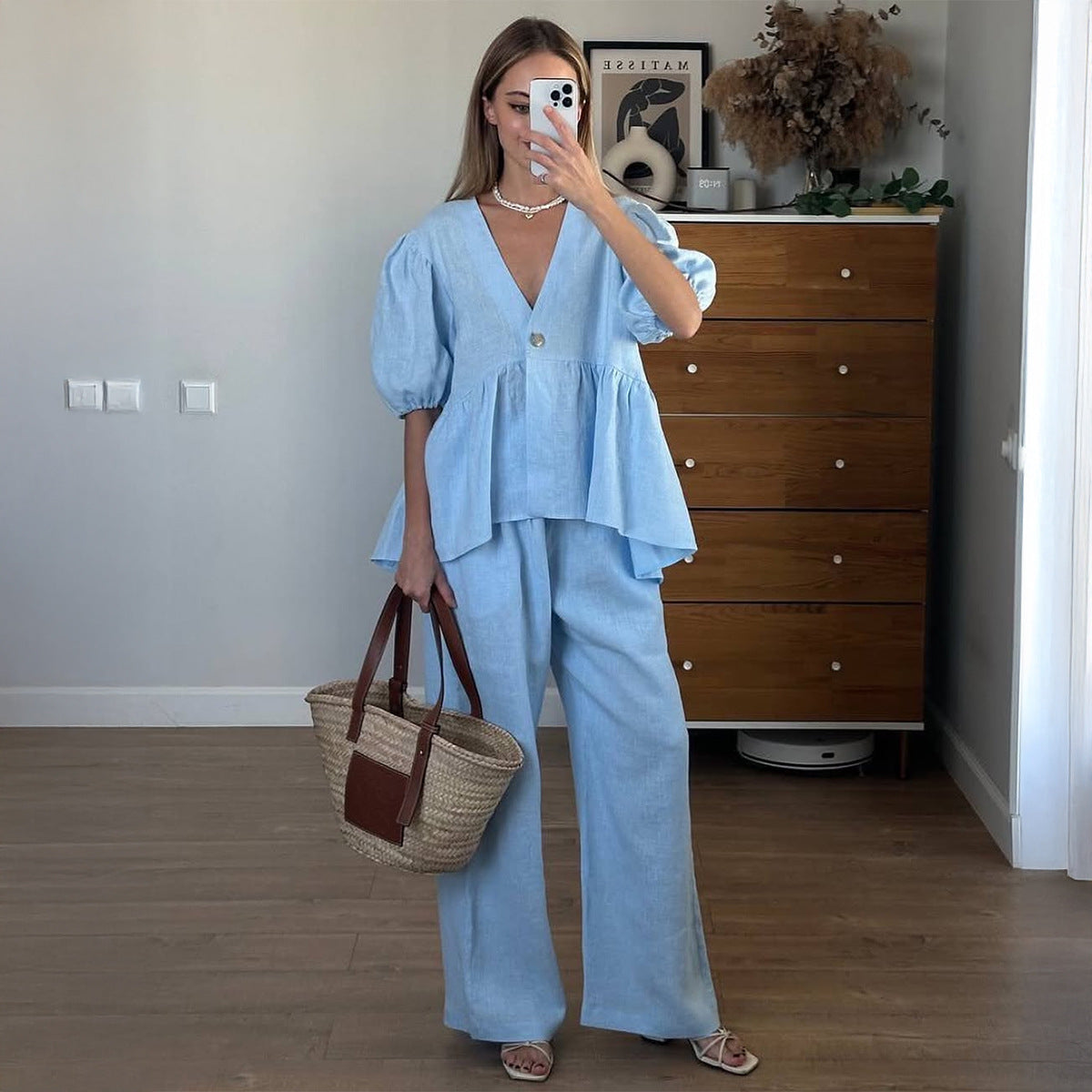 Damen elegantes Oberteil mit hohem Bund und weiten Hosen R&B