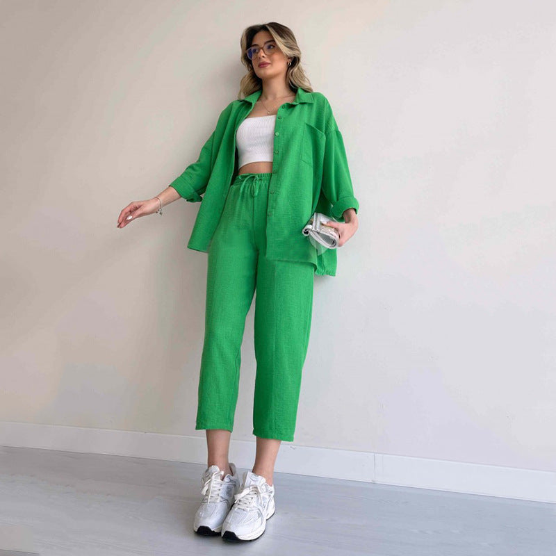 Damen lässige Loungewear-Kombination mit leichtem Leinenhemd und elastischer Hose R&B