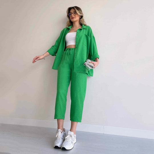 Damen lässige Loungewear-Kombination mit leichtem Leinenhemd und elastischer Hose R&B
