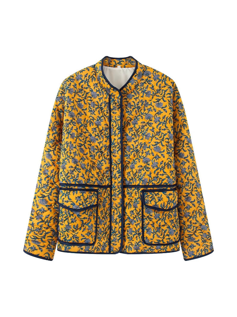 Damen gestepptes Blütenmuster-Jacke mit praktischen Taschen R&B