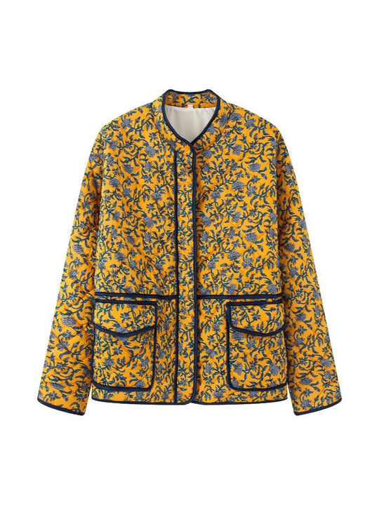 Damen gestepptes Blütenmuster-Jacke mit praktischen Taschen R&B