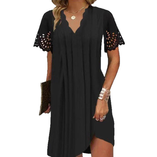 Damen nan Midikleid mit geschwungener V-Ausschnittkante, Lochstickerei-Ärmeln und leichtem A-Linien-Schnitt R&B