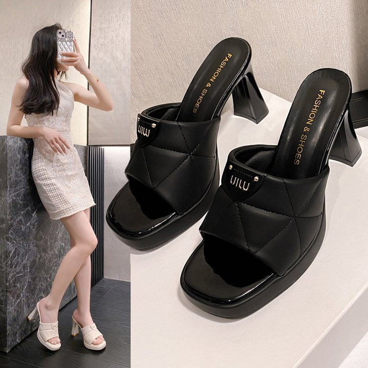 Damen elegante Offene Schuhe mit Blockabsatz und glänzendem Obermaterial R&B